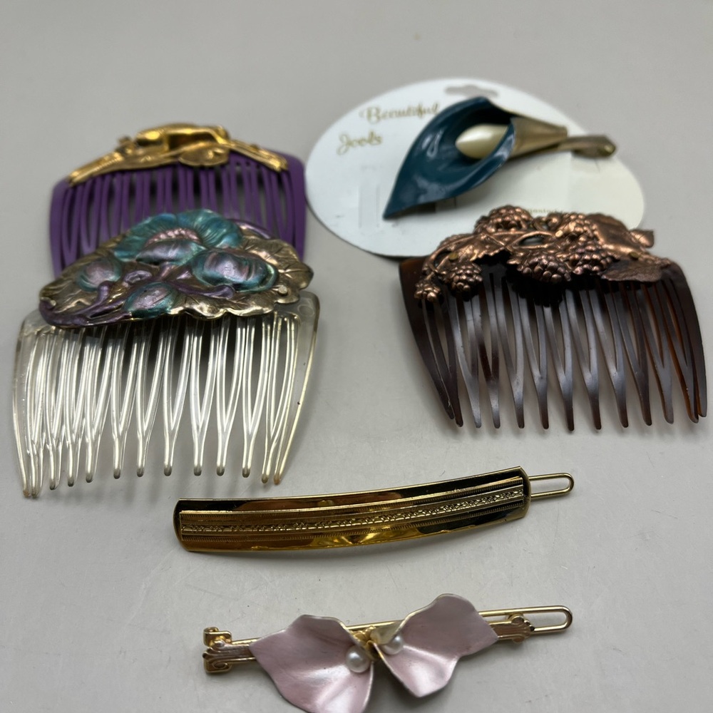 Retro Hair Comb and Clip Set - Purple, Gold, Brown-Vintage Set for Fashionistas